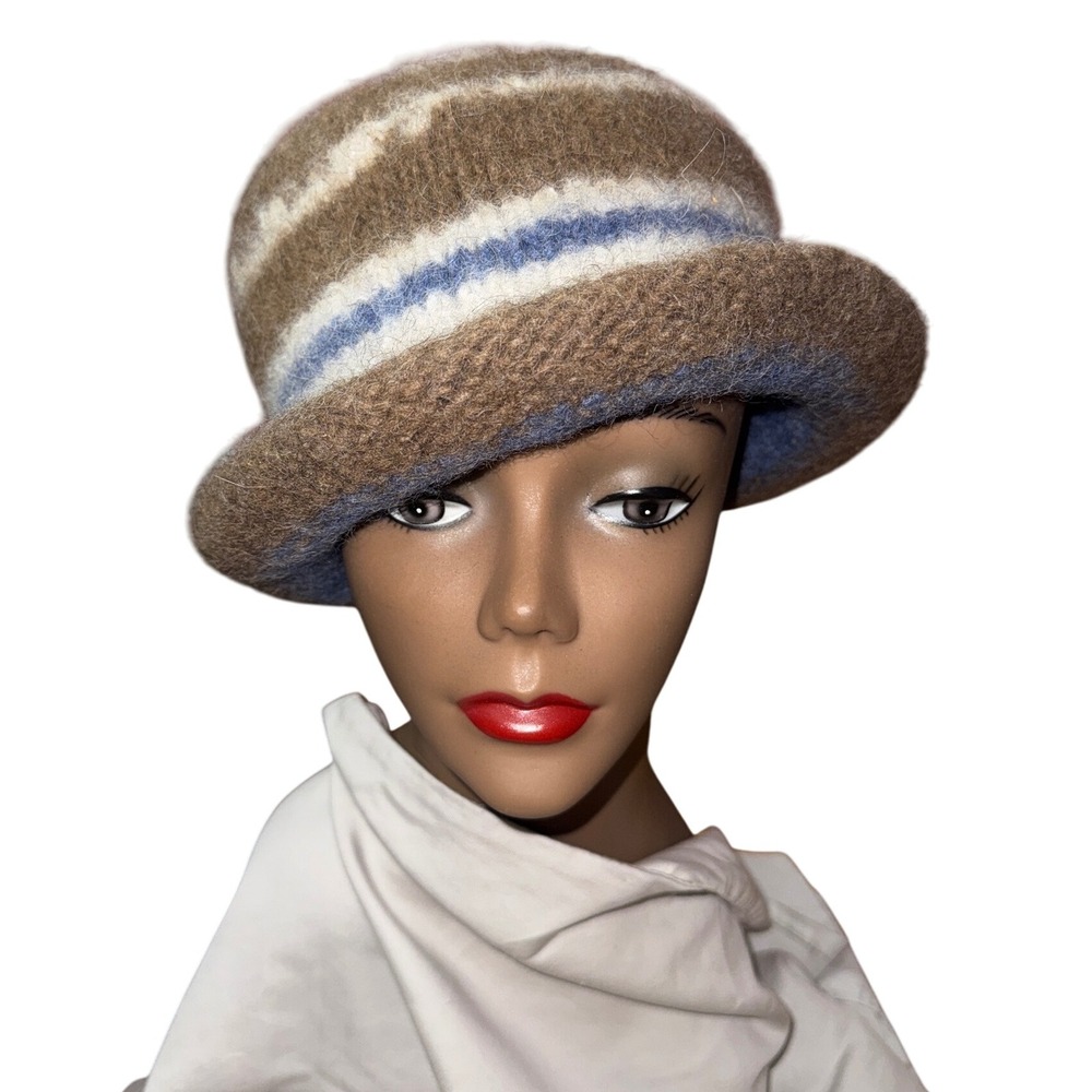 Vintage Striped Cloche Knit Bucket Style Hat Brown Blue White Cozy‎ Winter Fall